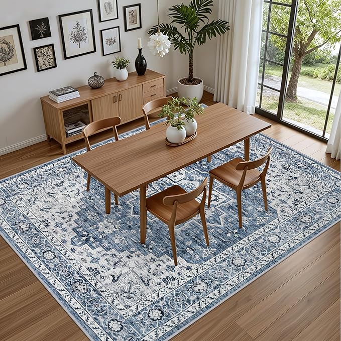 8x10 Area Rugs for Living Room: Washable Rug Soft Vintage Boho Medallion Carpet Indoor Floor Non-Slip Stain Resistant Large Carpets for Bedroom Dining Room Farmhouse Nursery Home Office Blue