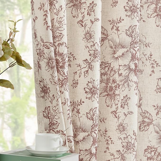 jinchan Linen Blend Curtain Floral Curtains for Living Room 45 Inch Length Farmhouse Brick Red Printed Curtain Rod Pocket Back Tab Peony Flower Patterned Drapes Curtains Set 2 Panels