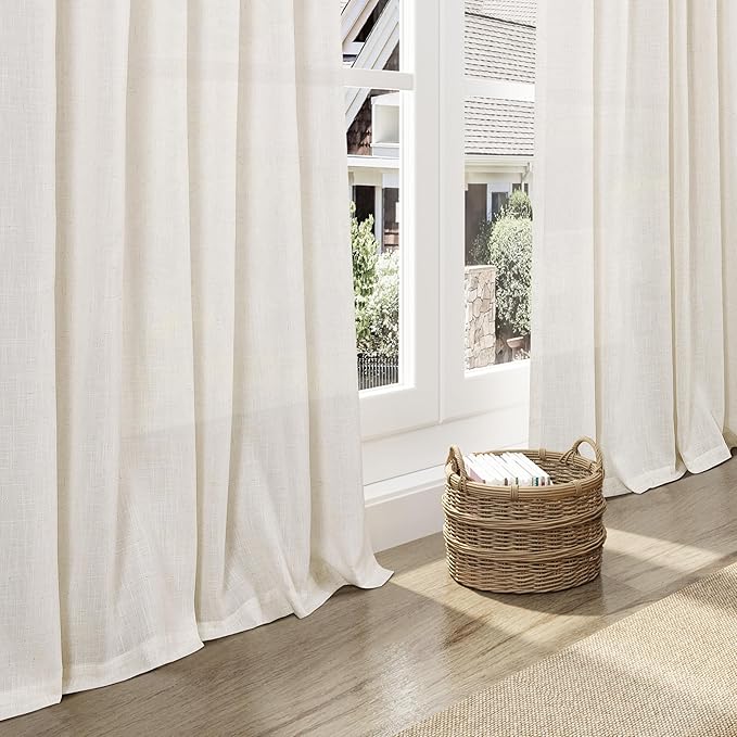 Nanspring Modern Linen Curtains for Living Room 90 Inches Long Light Filtering Semi Sheer Curtain Back Tab Neutral Luxury Modern Farmhouse Decor Linen Blend Drapes for Bedroom 52x90, 2 Panels