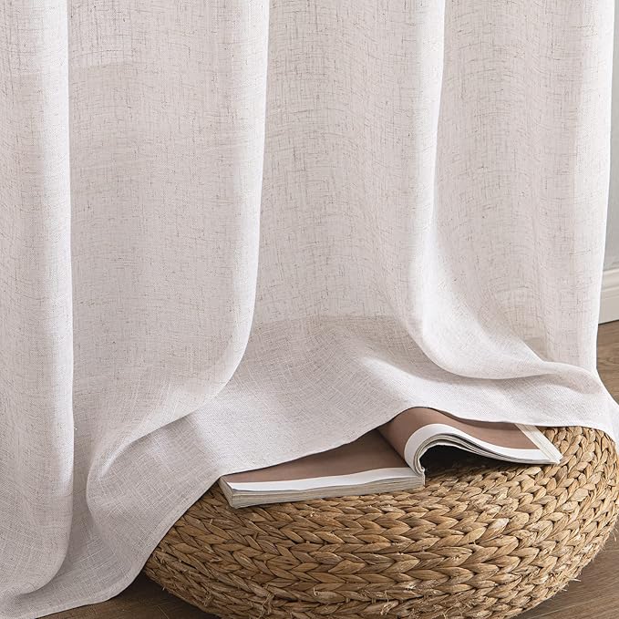 MIULEE White Linen Curtains 90 Inch Long 2 Panels Set for Bedroom Living Room, Soft Thick Linen Textured Window Drapes Semi Sheer Light Filtering Rod Pocket Back Tab Burlap Look Farmhouse Decor
