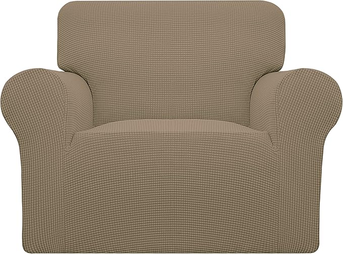 Easy-Going Stretch Chair Sofa Slipcover 1-Piece Couch Sofa Cover Furniture Protector Soft with Elastic Bottom for Kids, Pet. Spandex Jacquard Fabric Small Checks (Chair, Tan)