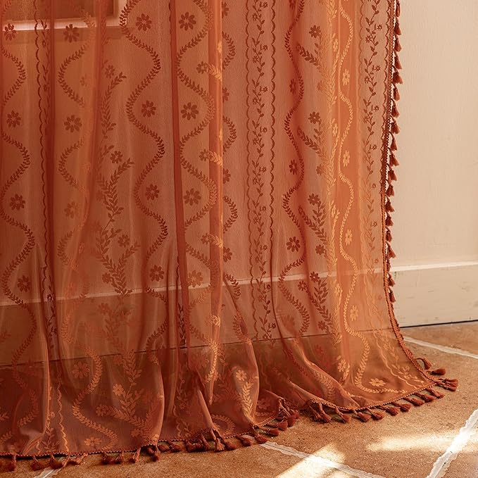 WAZZIO Boho Lace Curtains 72 Inch 2 Panels-Vintage Sheer Panel Drape Floral Pattern & Tassel Light Filtering Privacy for Bedroom Dining Living Room,Cottage Earthy Full Decor Terracotta,W52 x 72L