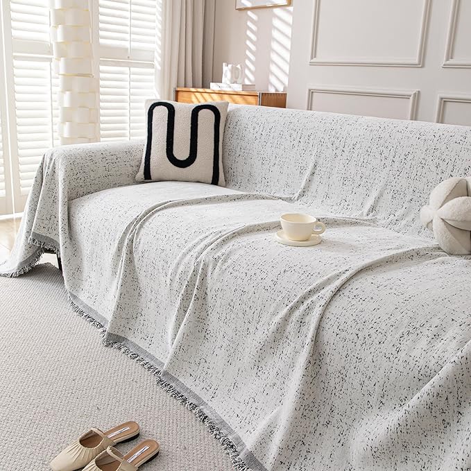 Couch Cover for Dogs, Boho Sofa Covers for 3 Cushion Couch, Chenille Slipcover for Pets Washable, L-Shape Sectional Couch Loveseat Cover Soft Throw Blankets with Tassels(71x102,Speckled Grey)