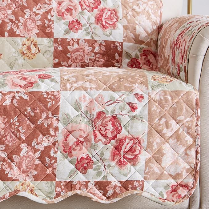 Great Bay Home Reversible Floral Patchwork Sofa Furniture Protector - Machine Washable, Scalloped Edge, Stain Resistant, Printed Furniture Cover for Dogs, Kids, and Pets (Burgundy/Taupe)