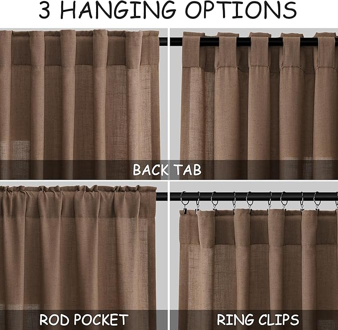 Caramel Brown Linen Curtains 120 Inch Extra Long for Living Room Back Tab Light Filtering Semi Sheer Drapes Modern Farmhouse Decor Cotton Textured Curtain for Floor to Ceiling High Window 52x120