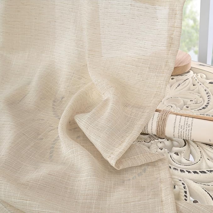 BGment Natural Linen Curtains 54 Inch Length for Short Windows, Burlap Drapes Semi Sheer Light Filtering with Rod Pocket Rustic Lightweight for Living Room, 2 Panels Set, 42 Inch Wide Each Panel