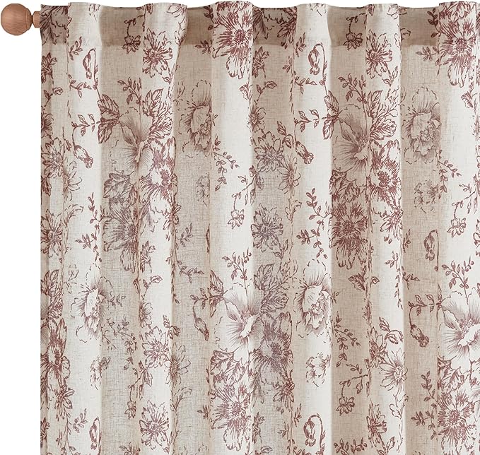 jinchan Linen Blend Curtain Floral Curtains for Living Room 45 Inch Length Farmhouse Brick Red Printed Curtain Rod Pocket Back Tab Peony Flower Patterned Drapes Curtains Set 2 Panels