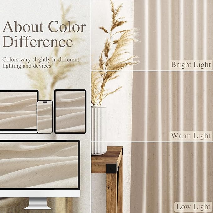 Nanspring Cream Beige Linen Curtains 84 Inches Long for Living Room Light Filtering Semi Sheer Curtain Back Tab Modern Farmhouse Decor Elegant Luxury Coastal Drapes for Bedroom Office 52x84,2 Panels