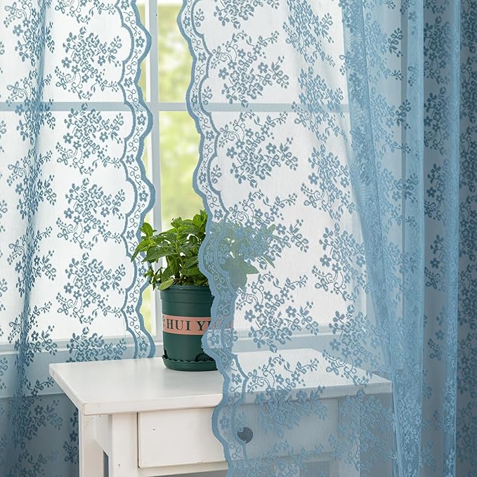 YJ YANJUN Vintage Lace Curtains 96 Inches Long-Victorian Floral Pattern Dusty Blue Sheer Curtain Panels for Living Room Bedroom Nautical Decor Provide Privacy 8FT W52 X L96 Stone Blue
