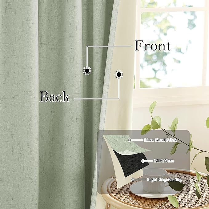 RYB HOME 100% Blackout Sage Green Linen Curtains, Light & Heat Blocking Thermal Privacy Protection Neutral Window Drapes for Living Room Bedroom, 52" W x 96" L, 2 Panels Set