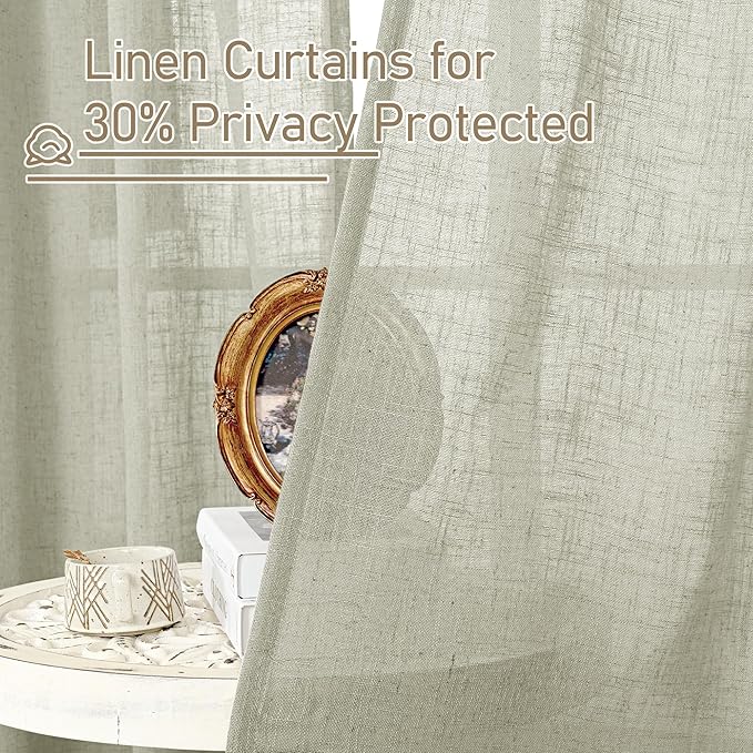 LAMIT Sage Grey Linen Curtains 48 Inch Length 2 Panels, Light Filtering Panels Back Tab and Rod Pocket Neutral Drapes for Kitchen/Window/Loft Room/Bedroom, 34 x 48 Inch
