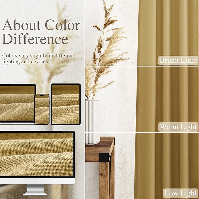Nanspring Gold Linen Curtains 84 Inch Length 2 Panels Set for Living Room Rod Pocket Back Tab Light Filtering Window Drapes for Bedroom Dining Room Protect Privacy Modern Farmhouse Decor 52x84