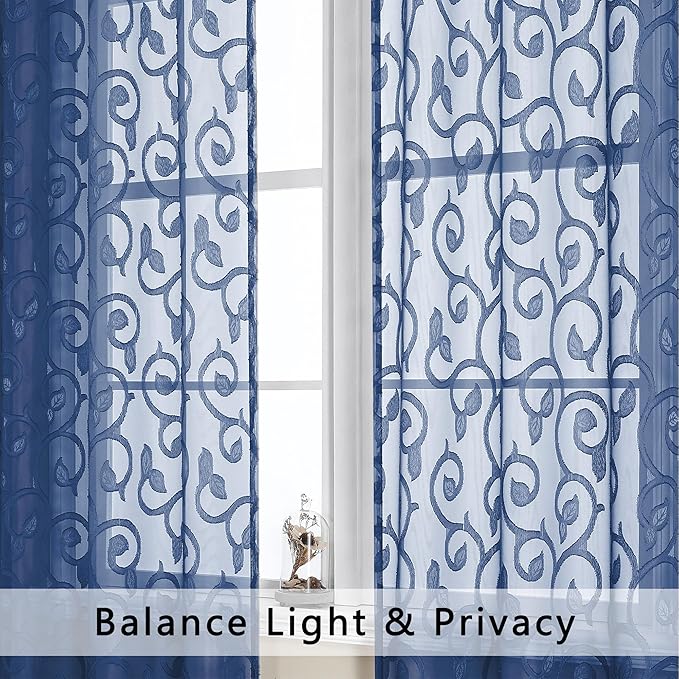 OWENIE Furman Sheer Curtains 72 inches Long 2 Panels Set, Light Filtering Top Rod Pocket Semi Sheer Door Curtains, Geometric Jacquard Clip Design for Bedroom Living Room, Blue 40Wx72L inch