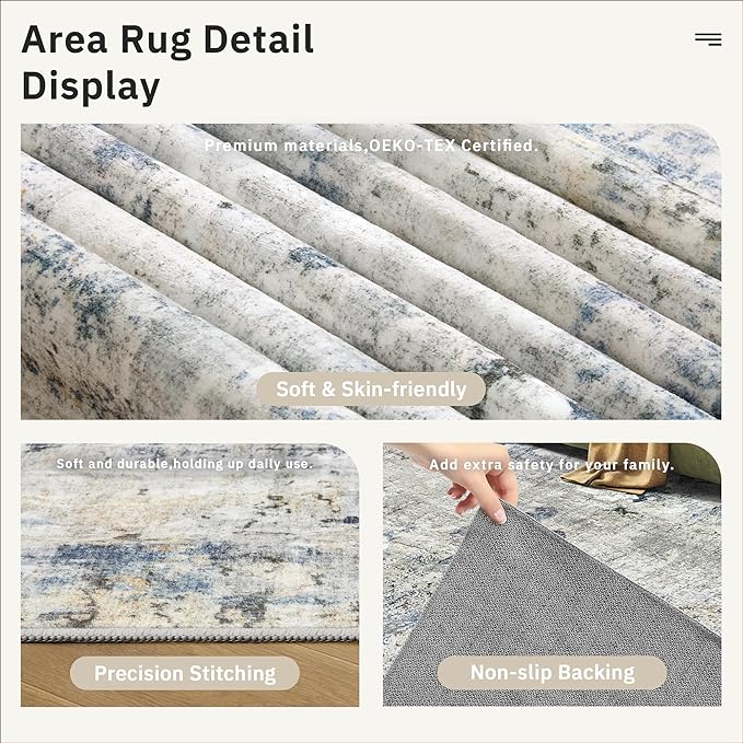 Soalmost 6x9 Abstract Area Rugs for Living Room 6 x 9 Washable Non Slip Low Pile Gray Rugs for Bedroom Dining Room Foldable Thin Blue Yellow