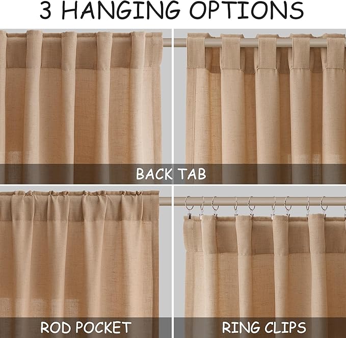 Nanspring Camel Linen Curtains 2 Panels Set for Living Room Back Tab Rod Pocket Window Drapes Light Filtering Semi Sheer Elegant Farmhouse Curtain 100 Inches Long for Dining Room Bedroom 52x100