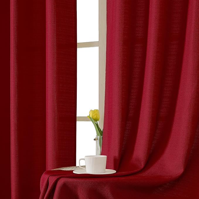 Chyhomenyc Red Short Curtain Valance for Windows, Faux Linen Textured Half Window Curtains, Burlap Solid Topper Small Curtain Valance for Bathroom Laundry Basement, 60Wx18L Inch, 1 Piece