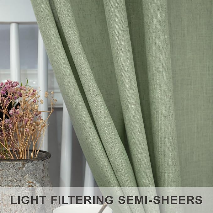 Christmas Sage Green Curtains 108 Inches Long for Living Room 2 Panels Set Back Tab Loop Pocket Linen Drapse Earth Soft Cotton Textured Light Green Sheer Curtains for Large Windows Vertical 9 FT Tall