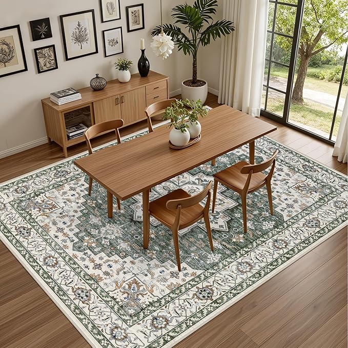 Area Rugs 9x12 Living Room Rug: Washable Rug Soft Vintage Boho Medallion Carpet Indoor Non-Slip Stain Resistant Large Carpets for Bedroom Dining Room Farmhouse Nursery Home Office Green Ivory
