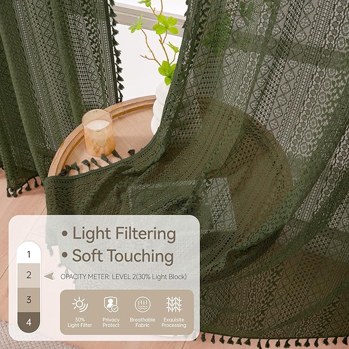 WAZZIO Boho Lace Curtains 84 Inches 2 Panel,Light Filtering Privacy Tassel & Geometry Crochet Semi Sheer Curtain Drapes for Bedroom Living Dining Room,Rod Pocket & Tassel,Olive Green