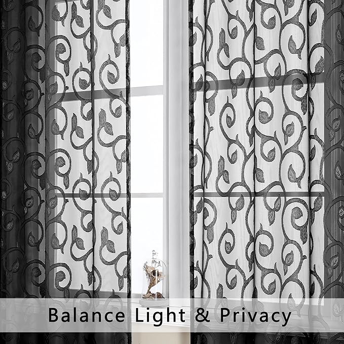 OWENIE Furman Sheer Black Curtains 90 inches Long for Bedroom Living Room 2 Panels Set, Light Filtering Soft Semi Sheer Jacquard Clip Farmhouse Curtains Rod Pocket Design, Each 52Wx90L inch
