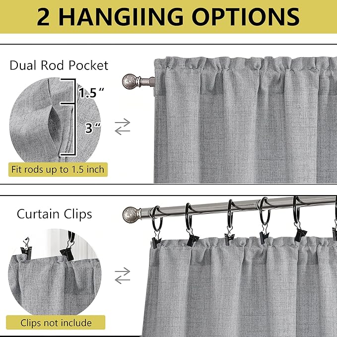 Grey Valances for Windows, Light Filtering Faux Linen Textured Small Short Valance Curtains for Bathroom Basement Farmhouse, Rod Pocket Top Half Curtains for Windows, 60Wx20L Inch