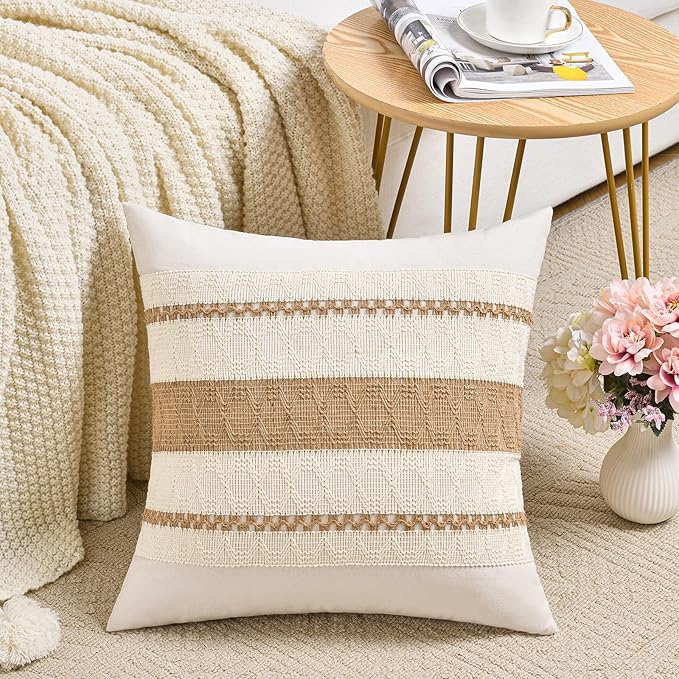 Fancy Homi Set of 1 Boho Neutral Big Decorative Throw Pillow Cover 24x24 Inch for Couch Bed Bedroom, Aesthetic Modern Organic Farmhouse Room Decor, Soft Cotton Accent Macrame Woven Tan Cushion Case