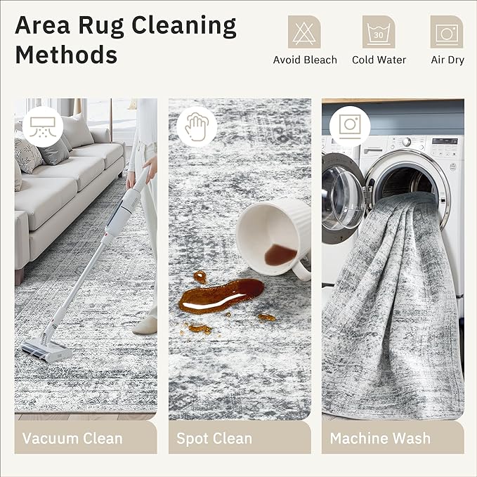 Soalmost 9x9 Grey Round Rug 9ft Living Room Circle Rug Vintage Round Area Rug Non Slip Indoor Carpet for Apartment