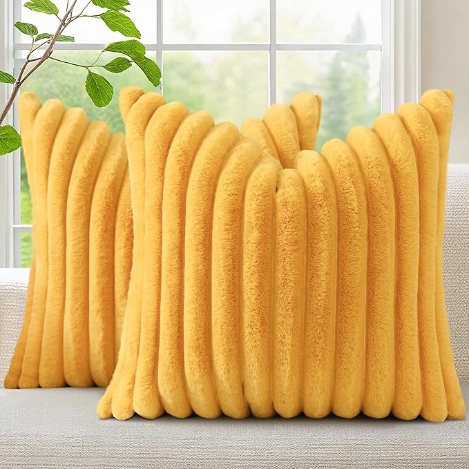 decorUhome Summer Cozy Faux Fur Throw Pillow Covers 20x20 Set of 2 Decorative Soft Plush Striped Modern Farmhouse Boho Couch Pillow Cases with Velvet Back for Sofa Bed Living Room, Mustard Yellow