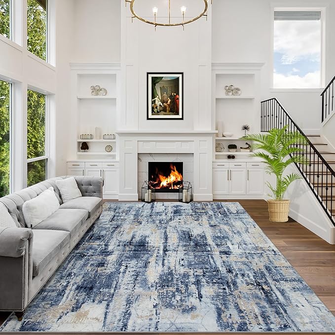 9x12 Area Rugs Washable Rug: Modern Abstract Living Room Rug Soft Anti-Skid Thin Carpet Indoor Floor Non-Shedding Carpets for Bedroom Dining Room Farmhouse Nursery Home Office Blue Gold