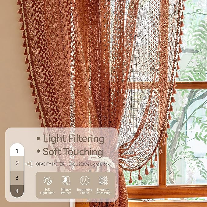 WAZZIO Boho Lace Curtains 72 Inches 2 Panel,Light Filtering Privacy Tassel & Geometry Crochet Semi Sheer Curtain Drapes for Bedroom Living Dining Room,Rod Pocket & Tassel,Full Decor,Burnt Orange