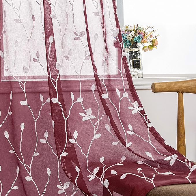 AmHoo 2 Panels Embroidered Leaf Pattern Semi Sheer Curtains Foliage Floral Voile Window Draperies Treatment for Bedroom Living Room Rod Pocket Burgundy Red 53 x 63 Inch