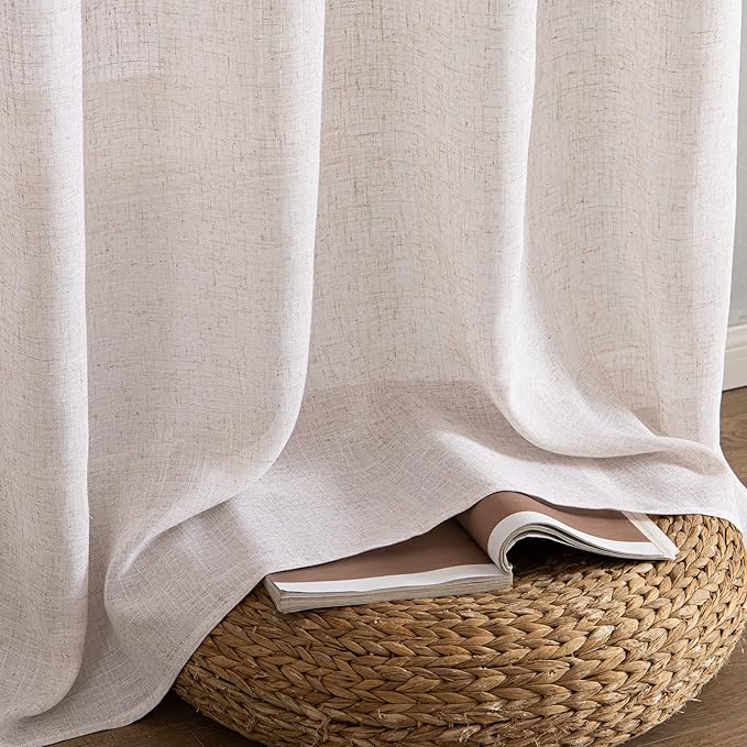 MIULEE Natural White Linen Curtains 100 Inch Length 2 Panels for Bedroom Living Room, Soft Thick Linen Textured Window Drapes Semi Sheer Light Filtering Back Tab Rod Pocket Burlap Look Decor