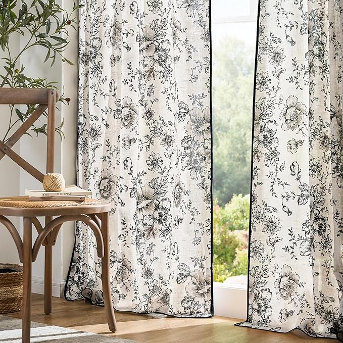 jinchan Linen Blend Floral Curtains French Country Curtain for Living Room 96 Inch Length Black Printed Curtain Rod Pocket Back Tab Farmhouse Peony Flower Patterned Drapes Window Curtains Set 2 Panels