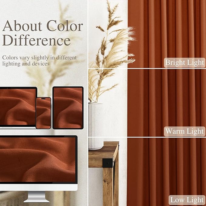 Nanspring Terracotta Curtains 80 Inches Length for Living Room Back Tab Rod Pocket Semi Sheer Linen Drapes Muted Neutral Boho Brick Burnt Orange Linen Textured Window Curtain for Dining Room 52X80
