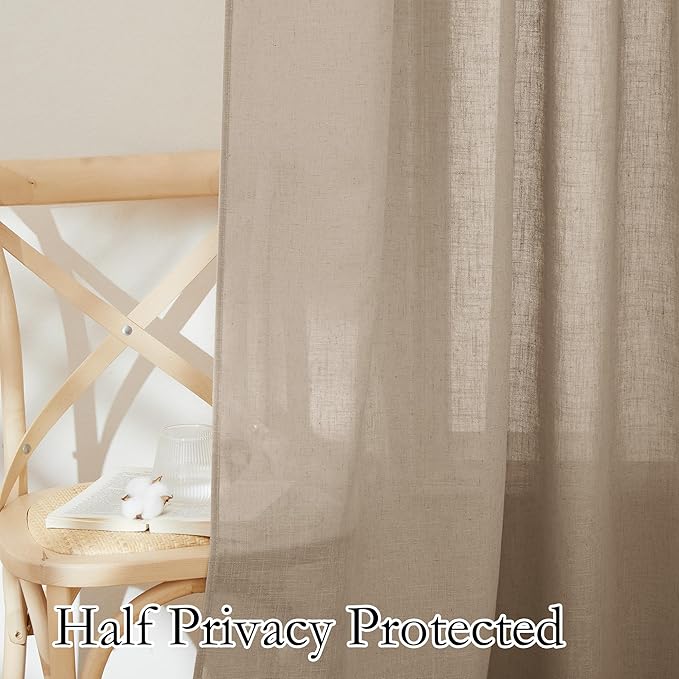 RYB HOME Linen Sheer Curtains for Small Window, Back Tab Breathable Absorbent Curtains & Drapes, Light Filter Half Privacy Protect for Study Room Office, Length 63 by Width 52 inch, 2 Panels, Khaki