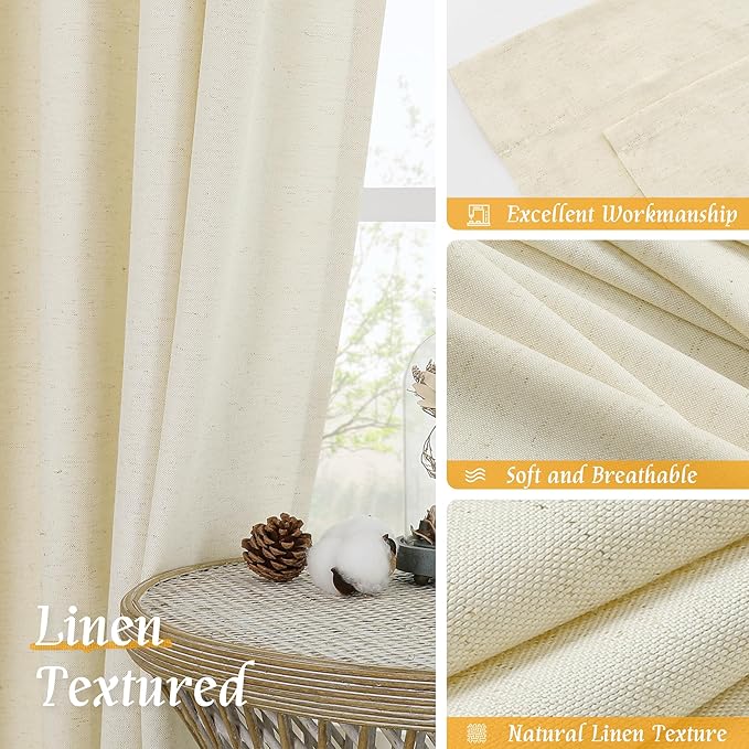 LAMIT Light Beige Linen Textured Curtains 63 inch Length for Bedroom, Soft Semi Sheer Light Filtering Window Treatments Rod Pocket Drapes for Living Room/Small Window, 2 Panels Set, 52 x 63 Inch