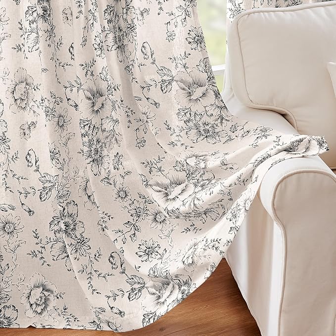 jinchan Linen Blend Curtain Floral Curtains for Living Room 96 Inch Length Black Printed Curtain Rod Pocket Back Tab Farmhouse Peony Flower Patterned Drapes Bedroom Window Curtains Set 2 Panels