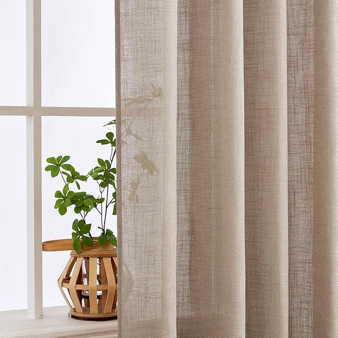 MIULEE Taupe Linen Curtains 63 Inch Length 2 Panels for Bedroom Living Room, Soft Thick Linen Textured Natural Window Drapes Semi Sheer Light Filtering Back Tab Rod Pocket Burlap Look Decor