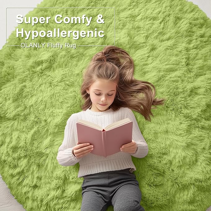OLANLY Grass Green Round Rugs for Bedroom - Machine Washable, 4 ft Circle Area Rugs for Living Room, Soft and Fluffy Shaggy Carpet for Teen Girls and Boys, Nursery Rooms, Dorms, Home Decor Aesthetic
