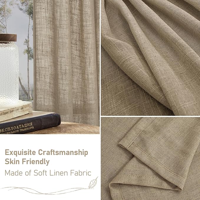 LAMIT Linen Curtains 68 Inch Length 2 Panels, Light Filtering Panels Back Tab and Rod Pocket Neutral Drapes for Bedroom/Window/Living Room, Taupe, 52 x 68 Inch