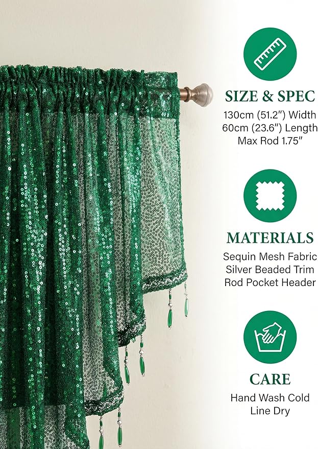 Molaxhome Swag Curtain 51 inch Length Rod Pocket Scalloped Curtain Valance Sheer Lace Panels with Hanging Crystal Beads for Kitchen Bedroom Window Treatments Drape Decor 1pc (Sequin Green, 51Wx23L)