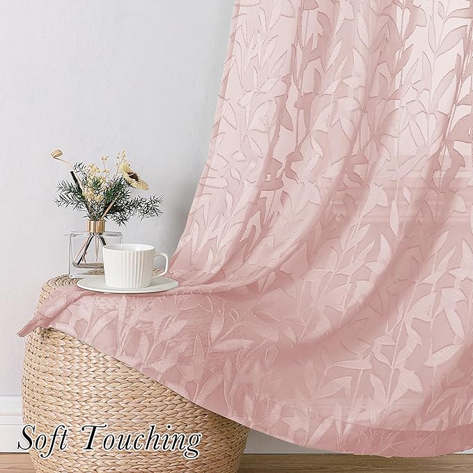 Lecloud Leia Blush Pink Sheer Curtains 90 Inches Long 2 Panels, Airy Leaf Textured Jacquard Drapes, Light Filtering & Privacy Dual Rod Pocket Window Curtains for Living Room Bedroom, 52" W x 90" L