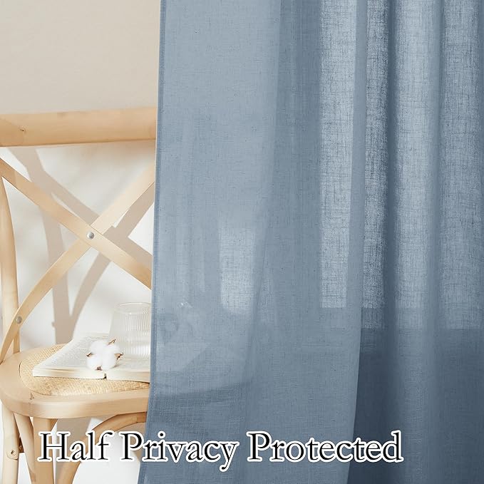 RYB HOME Privacy Sheer Curtains for Bedroom, Linen Blend Lightweight Breathable Burlap Curtains Back Tab Farmhouse Boho Rustic Decoration, Length 36 by Width 52 inch, Dusty Blue, 1 Pair