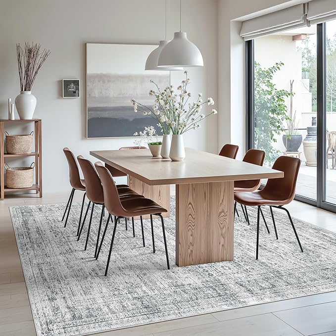 Area Rug 10x12 Vintage Washable Living Room Large Gray Carpet Non Slip Bedroom Indoor Office Dining Room Low Pile Thin Rug Grey