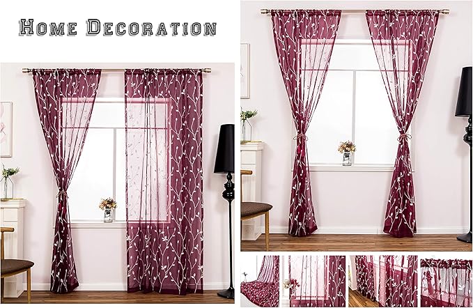 AmHoo 2 Panels Embroidered Leaf Pattern Semi Sheer Curtains Foliage Floral Voile Window Draperies Treatment for Bedroom Living Room Rod Pocket Burgundy Red 53 x 95 Inch