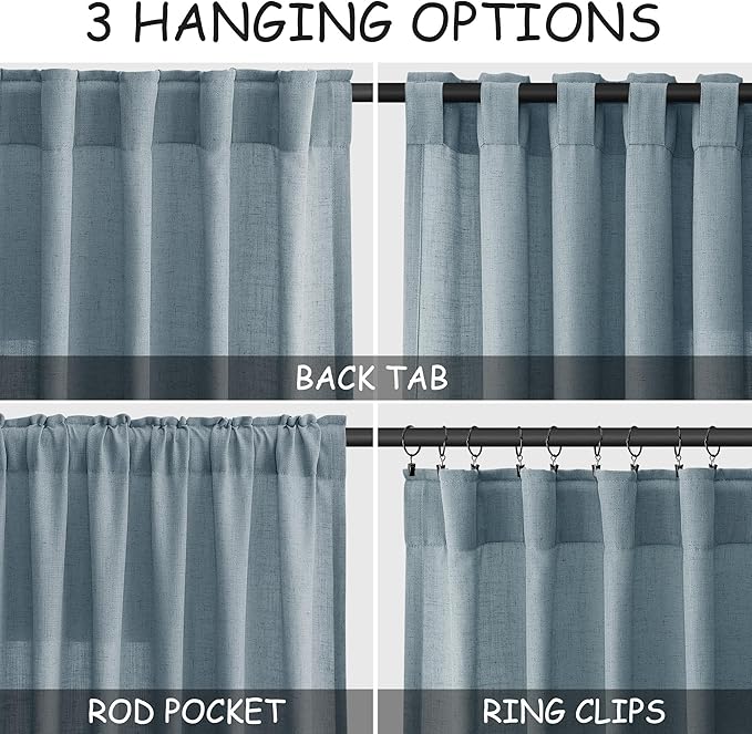 Nanspring Light Blue Linen Curtains 108 Inches Long for Living Room Bedroom 2 Panels Set Extra Long Back Tab Curtain Light Filtering Sheer Drapes Floor to Ceiling Curtain for Large Windows 52x108.