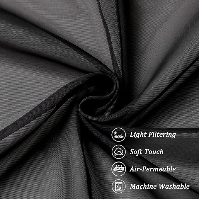 Chyhomenyc Black Sheer Curtain 72 Inches Length 2 Panels, Voile Rod Pockets Light Filtering Airy Window Treatment Drapes for Living Room Bedroom, Each 42Wx72L