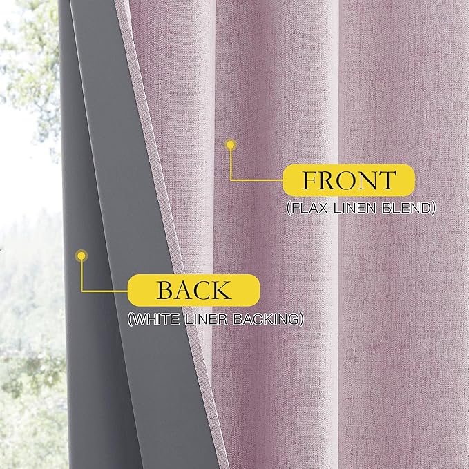NICETOWN Pink Vintage Linen 100% Blackout Curtains for Living Room, Thermal Insulated Curtains 72" Long, Noise Reducing Window Treatment Drapes for Hall Room, 52" Wide Per Panel, Set of 2