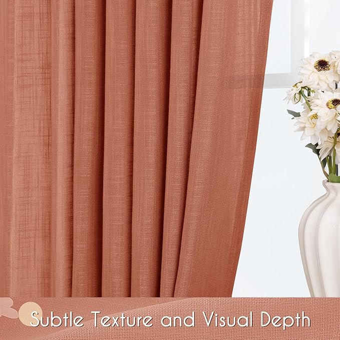 80 inch Linen Terracotta Curtains 2 Panels for Living Room Back Tab Light Filtering Semi Sheer Rust Colored Curtains 80 inches Long Soft Thick Cotton Cloth Textured Rustic Boho Farmhouse Room Decor