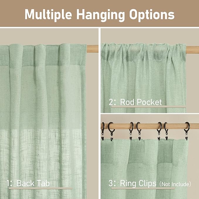 LAMIT Fresh Green Linen Curtains for Living Room, 80 Inch Faux Linen Textured Light Filtering Drapes Back Tab and Rod Pocket Boho Panels for Farmhouse/Bedroom/Porch, 52 x 80 Inch, 2 Panels Set